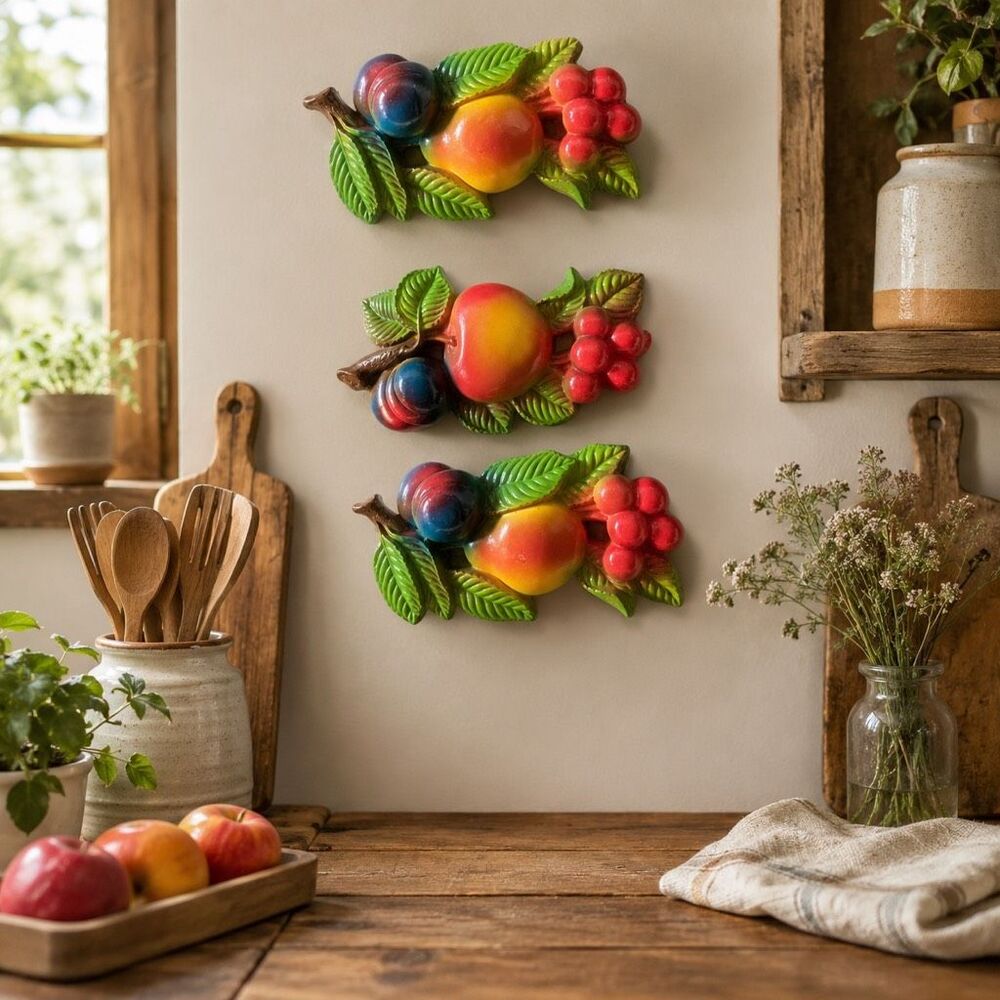Set of 3 Vtge 1974 Miller Studio Chalk Ware  Fruit Wall Plaques apple orange